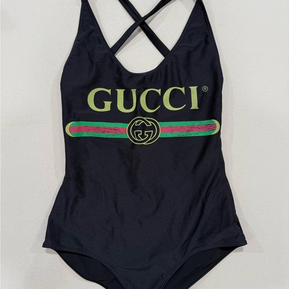 Gucci Other - Gucci Black One-Piece Swimsuit with Neon Green Logo and Red-Green Stripe
